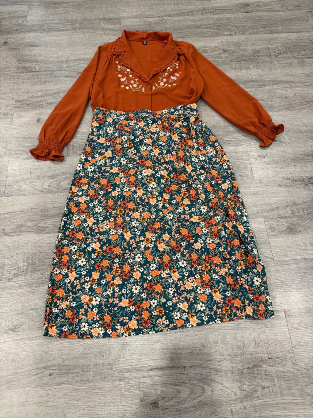 Rust Orange Floral Midi Skirt & Blouse Set